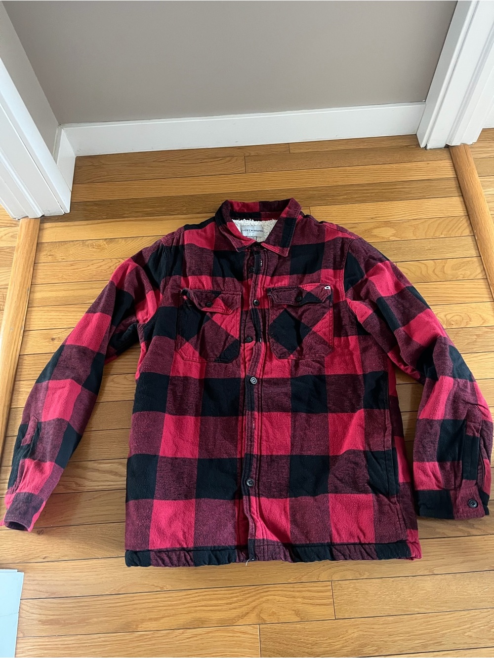 Lucky Brand Red and Black Plaid Sherpa-Lined Jacket